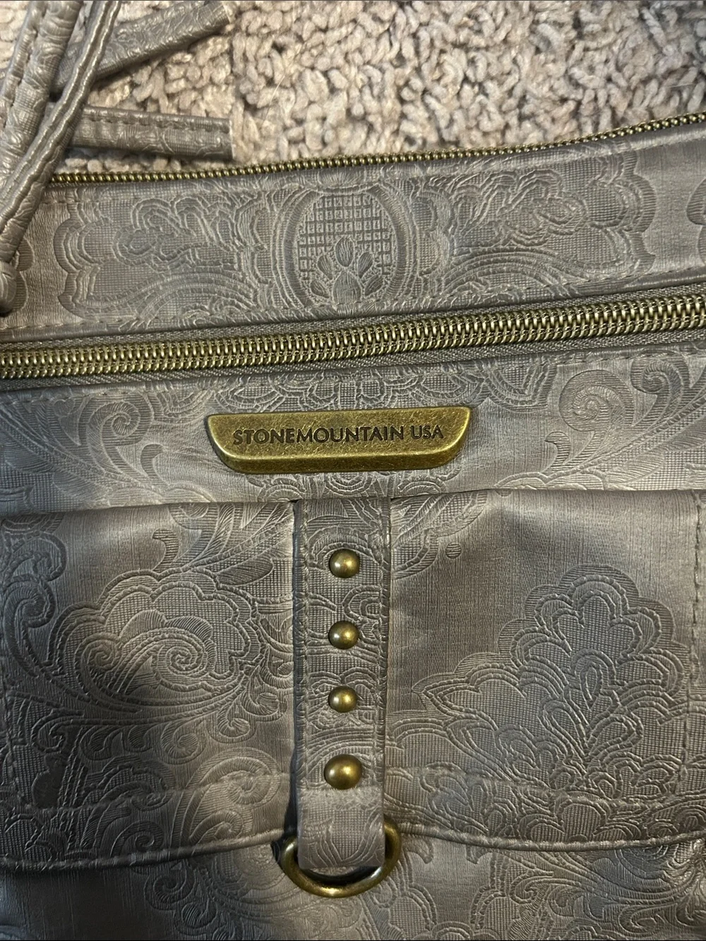Stone Mountain Accessories Gray Paisley Crossbody Bag with Brass Accents